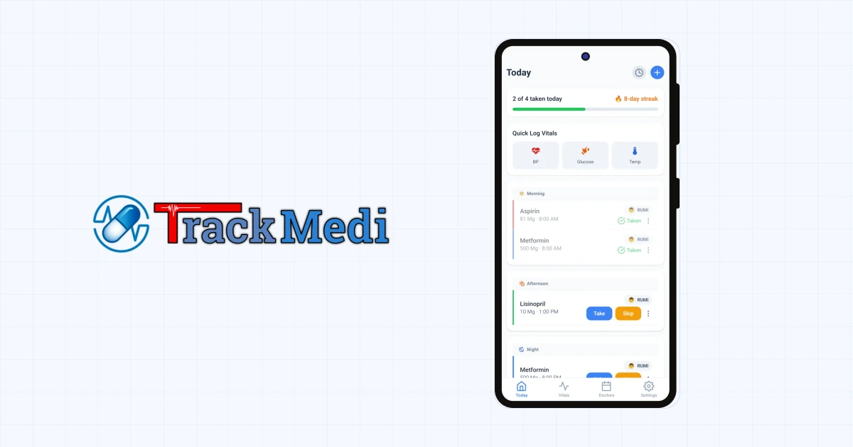 The TrackMedi wordmark beside a phone showing the app's daily medication schedule screen